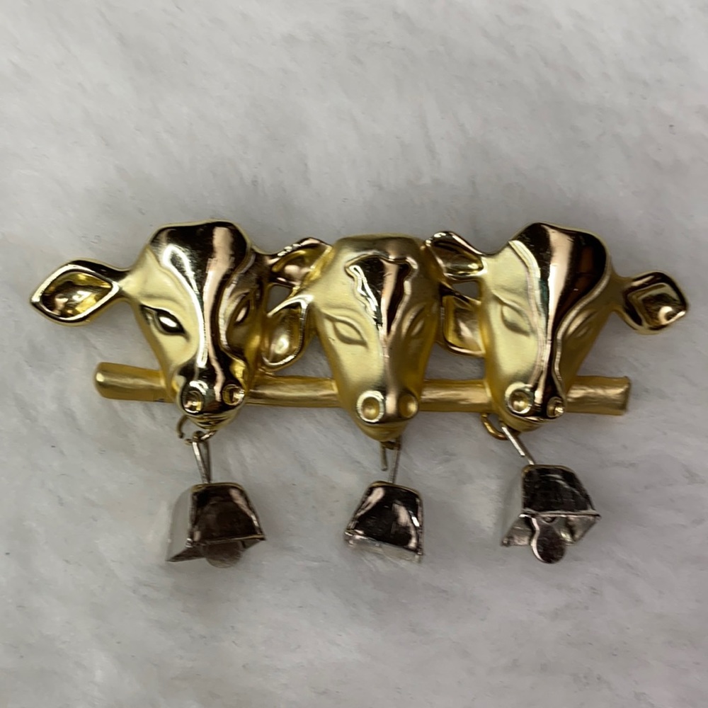 AJC Vintage Gold Cow 3 Headed Brooch & Cow Bells